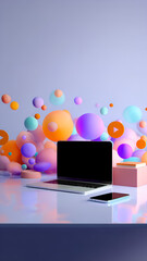 Light workspace with open laptop, phone stand, and floating play button icons in vibrant 3D, empty top area for CTA text