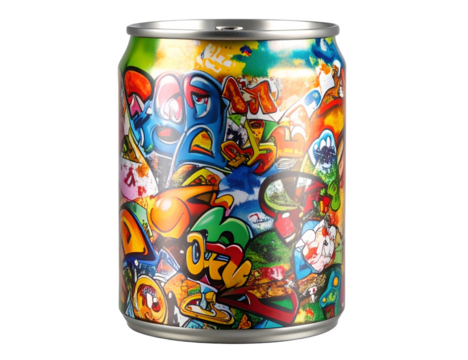 Colorful tin can decorated with vibrant street art graffiti lies horizontally on a transparent background, showcasing an eclectic mix of cartoon characters, symbols, and tags 