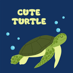 Cute sea turtle. Sea or ocean animal. Kids illustration in flat style. Underwater world.