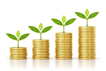 Growing money stacks with plants gold coins and saplings isolated on white background