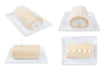 Vanilla cake roll with whipped cream filling in a plate on a white isolated background