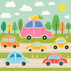 Naklejka premium Crayon drawn naive funky kid cars collection