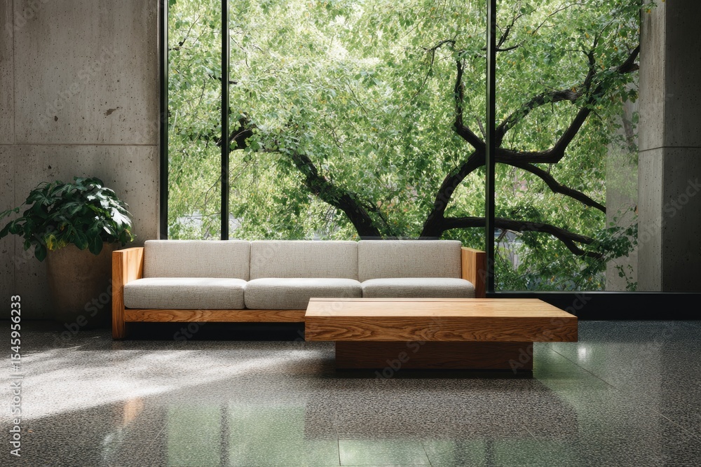 Poster light-colored sofa and low coffee table situated before a large window showcasing a lush green tree 