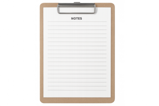 Clipboard featuring blank lined paper awaits note-taking on a transparent background, perfect for organizing thoughts and ideas