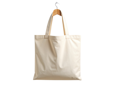 Natural cotton tote bag hanging on a hook against a transparent background, offering an ideal canvas for displaying unique designs or branding concepts in a clean, eco friendly way 