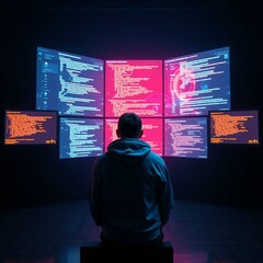 "A solo tech entrepreneur in hoodie sitting in front of multiple holographic screens in a dark room, code and AI data floating, neon glow, digital art, cinematic lighting"

