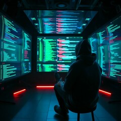 "A solo tech entrepreneur in hoodie sitting in front of multiple holographic screens in a dark room, code and AI data floating, neon glow, digital art, cinematic lighting"

