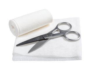 Sharp stainless steel bandage scissors are lying on a piece of white gauze near a roll of medical bandage, isolated on a transparent background, ready for use in first aid or medical procedures
