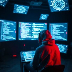 "A solo tech entrepreneur in hoodie sitting in front of multiple holographic screens in a dark room, code and AI data floating, neon glow, digital art, cinematic lighting"

