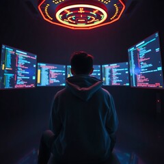 "A solo tech entrepreneur in hoodie sitting in front of multiple holographic screens in a dark room, code and AI data floating, neon glow, digital art, cinematic lighting"

