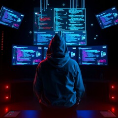 "A solo tech entrepreneur in hoodie sitting in front of multiple holographic screens in a dark room, code and AI data floating, neon glow, digital art, cinematic lighting"

