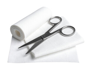 Sharp stainless steel bandage scissors are lying on a piece of white gauze near a roll of medical bandage, isolated on a transparent background, ready for use in first aid or medical procedures