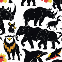 Wild animal silhouettes vector illustration set with elephant, bear, tiger, horse, and wolf outlines