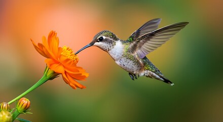 Fototapeta premium A beautiful hummingbird, wings outstretched, hovers in mid-flight, its beak reaching for a bright orange marigold flower.
