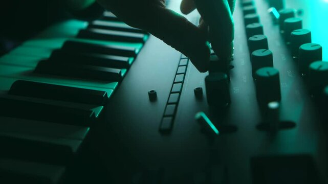 Focused musician manipulating analog synthesizer controls, generating layered electronic sounds within professional recording studio environment, fingers moving across illuminated instrument panel
