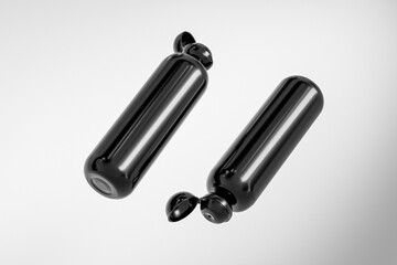 black cosmetic plastic bottle with ball shape flip cap mockup, round packaging with Spherical flip Cap, cylinder shape squeeze bottle, elegant black cylindrical bottle, trendy skincare container