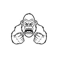 Angry Gorilla Logo, Exaggerated Facial Features and Clenched Fists, Cartoon Black Stroke Illustration