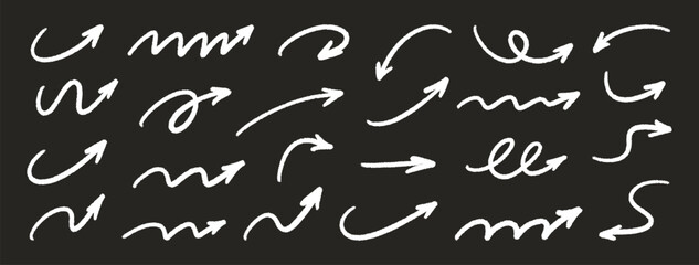 Arrow set. Crayon, charcoal, pastel, chalk hand drawn freehand white elements, doodle style stroke. Sketch pencil grunge textured wave arrows, direction pointers, and curved lines. Vector illustration