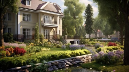 Fototapeta premium Beautiful exterior house surrounded , Architectural visualization elements suburban real estate 
