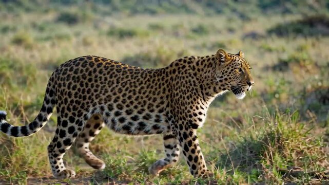 a close up of a leopard walking in a field of grass