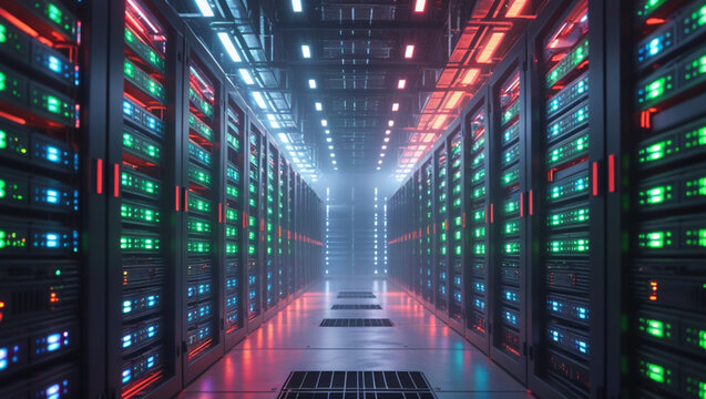 Data Center Pulsating Servers An interior view of a massive data center, filled with rows of glowing server racks pulsating with different colored lights.