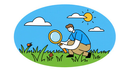 Fototapeta premium Curious Person Exploring Nature with Magnifying Glass Illustration