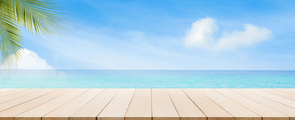 Summer background table wood on sea blue ,coast island scene mockup water nature travel vacation holidays tropical, mockup ocean ecosystem energy change environment, backdrop product cosmetic.