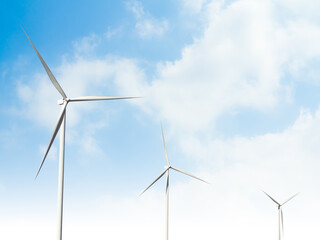 Wind mill power energy farm generator renewable sustainable field on blue sky, environment eco...