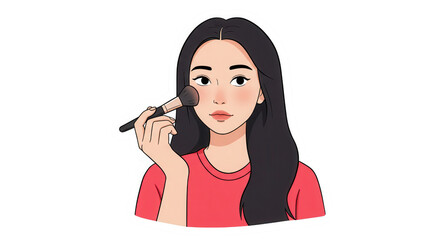 Obraz premium Cute Cartoon Illustration of Young Woman Applying Blush