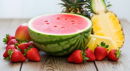 Still life of half watermelon pineapple apple and strawberries on a wooden surface close up view
