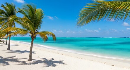 Obraz premium Palm trees on a white sand beach with turquoise water under a bright blue sky on a sunny day