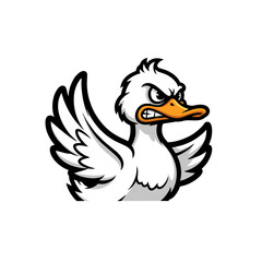 Cartoon Angry Duck Logo, Side View Duck With Flared Wings and a Scowl, Bold Black Outline
