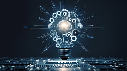 Innovation Spark An abstract representation of innovation, featuring a glowing lightbulb composed of interlocking gears and circuits, suspended in a dark, open space.