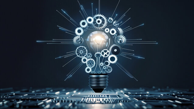 Innovation Spark An abstract representation of innovation, featuring a glowing lightbulb composed of interlocking gears and circuits, suspended in a dark, open space.