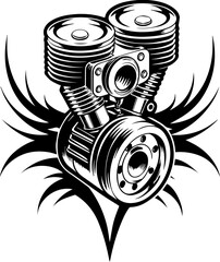 SVG illustration of bone engines merging skeletal forms with mechanical design. High-Detail Vintage Motorcycle Engine Illustration with Flames