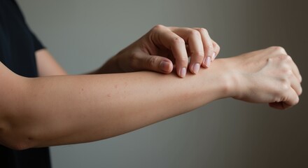 Person scratching arm with discomfort in indoor setting  