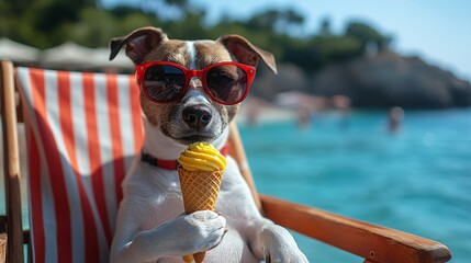 Dog relaxing on beach chair with ice cream