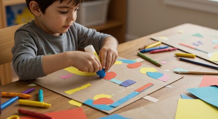 Young boy crafting with colorful paper and glue at a table  