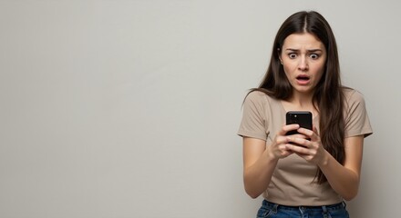 Young woman looking shocked while staring at smartphone screen  