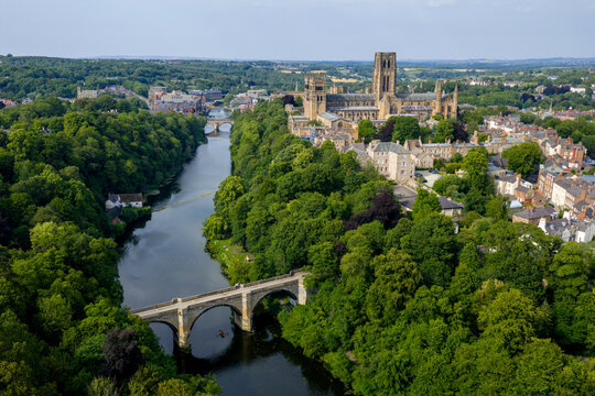 Durham city centre in the north east of the United Kingdom. Aerial view showing the river, cathedral and historic architecture. 