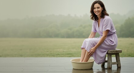 Woman soaking feet in basin while sitting on stool in outdoor setting  