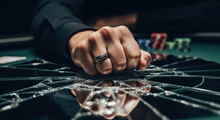 Close-up of clenched fist breaking glass on poker table with chips