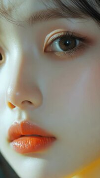 Close-up of a young Korean woman's face, showcasing bright red lipstick application and overall beauty and skincare trends.