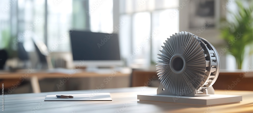 Poster compact hydroelectric turbine prototype placed on modern desk surface featuring clean design and cus