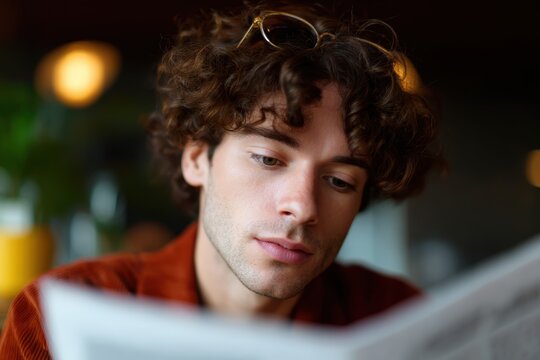 Young man reading newspaper in cozy cafee setting
