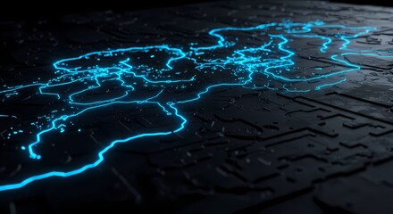 Illuminated Blue Circuitry Lines on Dark Textured Surface, Abstract Technology Concept