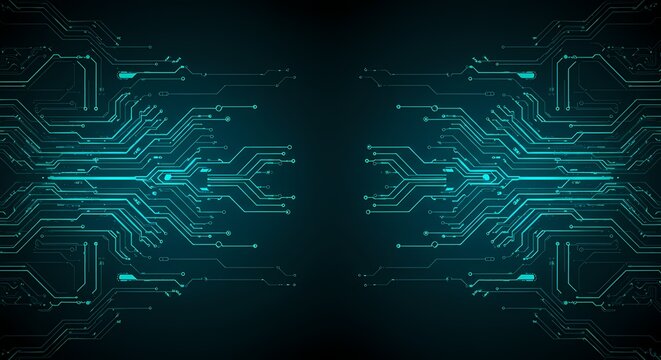 Symmetrical circuit board design with glowing turquoise lines on a dark background