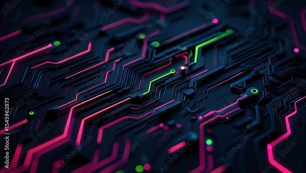 Poster computer circuit board technology background with glowing neon light lines