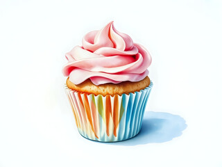 Cupcake with Pink Frosting in a sweet and cheerful mood representing indulgence and dessert delight against a clean, white background