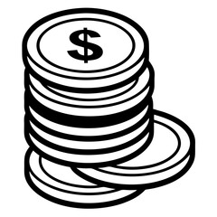 Stack of coins with dollar sign icon black and white illustration